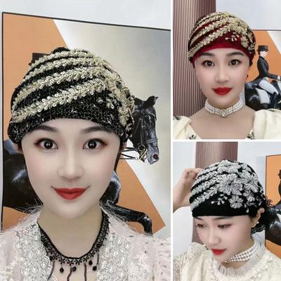 Dámská čepice s turbanem Flitr Dekor ladící barva Výšivka Lehký šátek Čepice do vlasů Dámská zavinovačka na hlavu Dámská denní čepice