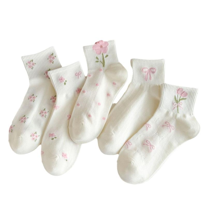 White Socks for Women, Summer Bow Flower Short Socks, Trendy Breathable Boat Socks, Cotton Sweat-absorbing Women's Socks