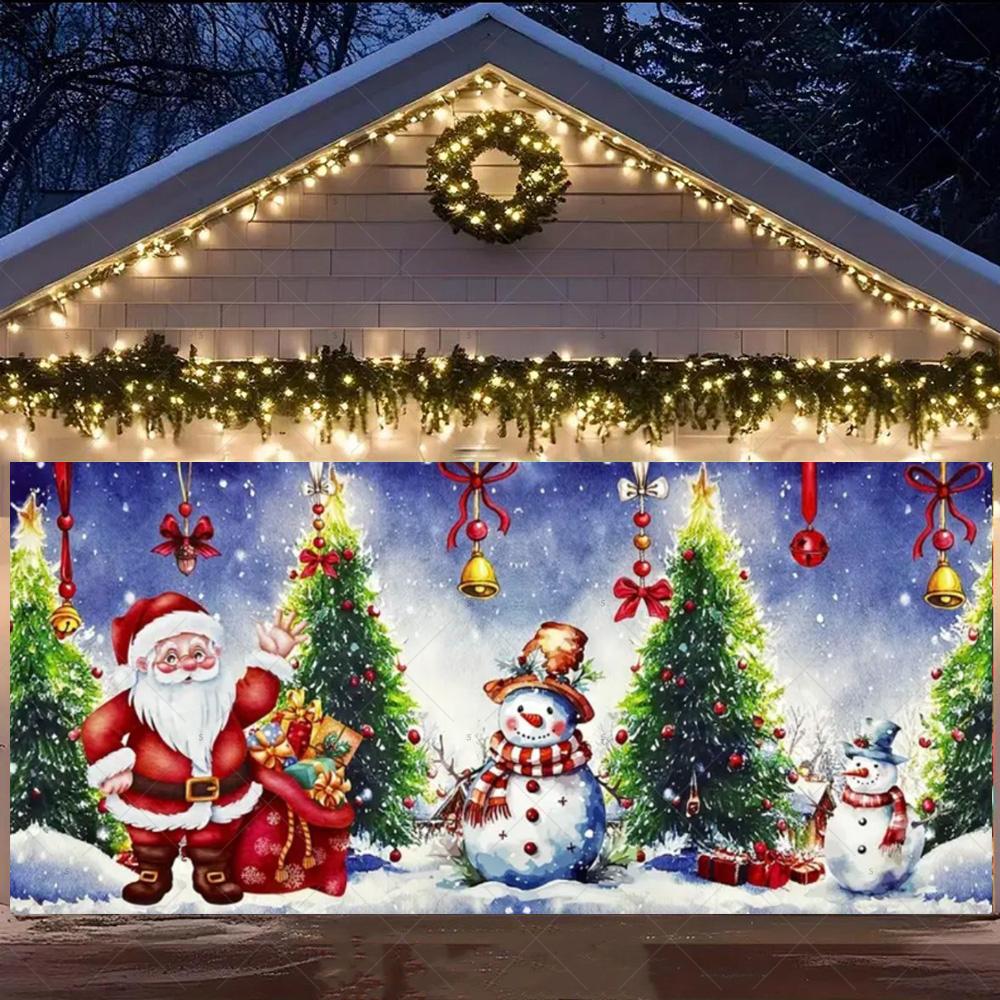Merry Christmas Garage Door Background Banner Xmas Tree Gift Santa Claus Backdrop Winter Christmas Party Outdoor Wall Decoration