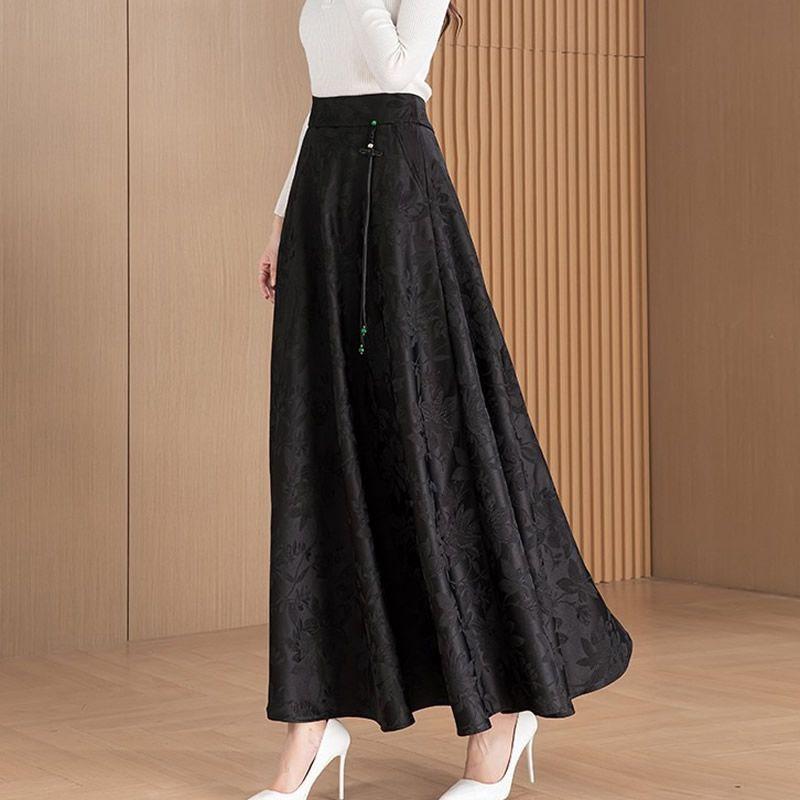 National Style New Chinese Style Skirt Women Spring New Mid-length Jacquard High-waisted A-line Temperament Slim Umbrella Skirt