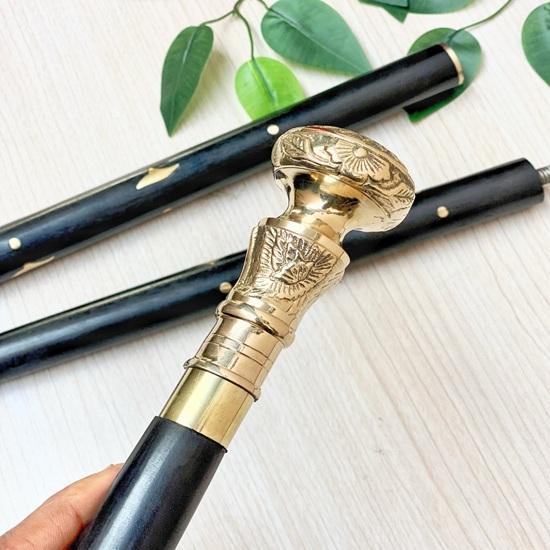 99.06 Cm Brass Flower Handle Walking Stick, Stylish Black Hardwood Foldable Cane, Gift For Father, Grandparents, Christmas Gift, Anniversary Gift