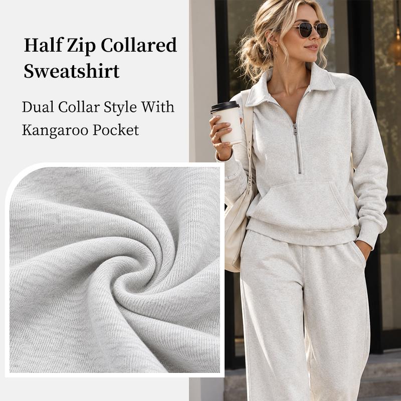 Conjunto de chándal de 2 piezas para mujer, sudadera con media cremallera y cuello, pantalones de pierna ancha, conjunto informal holgado para otoño e invierno