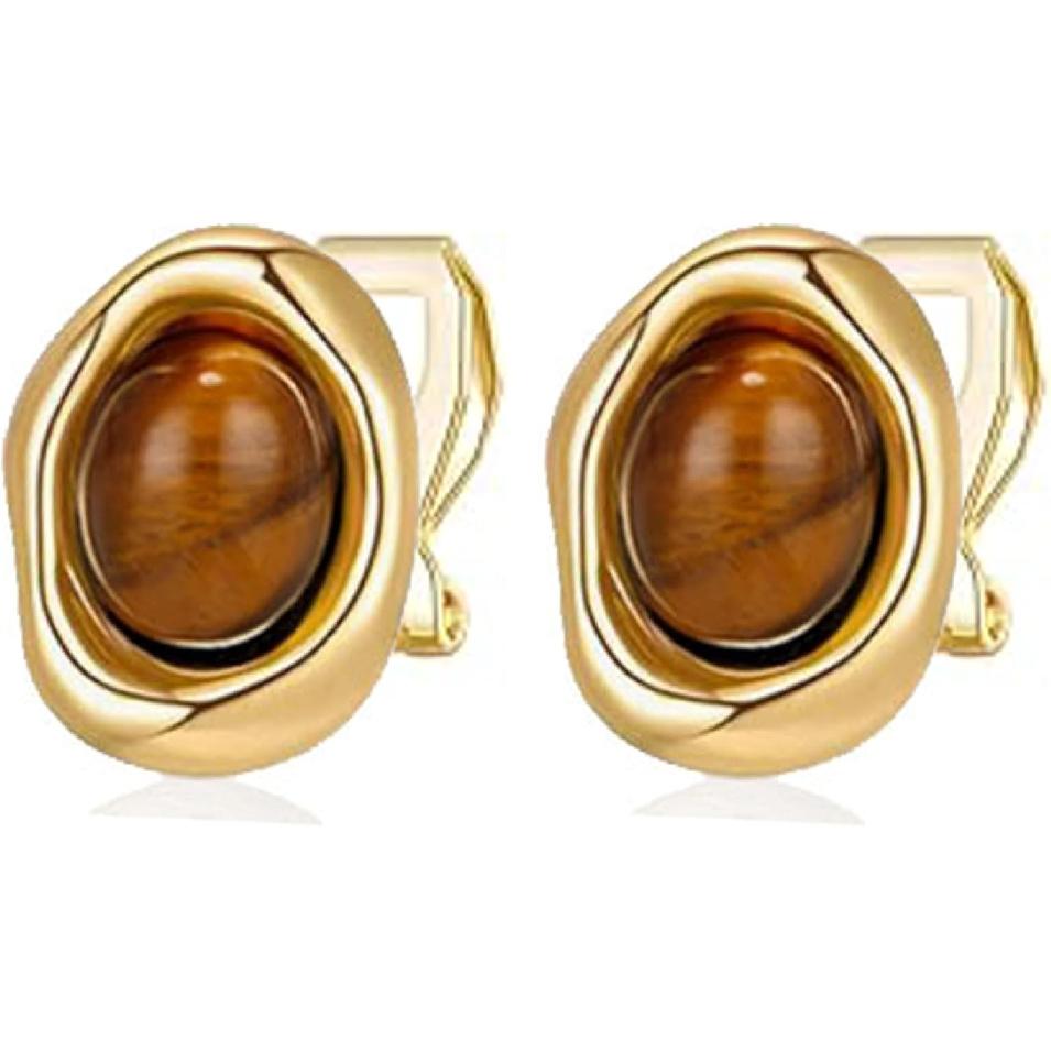 Clip-Ohrringe für nicht durchstochene Ohren, Leichte Clip-Ohrringe in Goldton für Damen, Schmuck im Vintage-Stil für den täglichen Gebrauch Tiger's-eye Clip brown