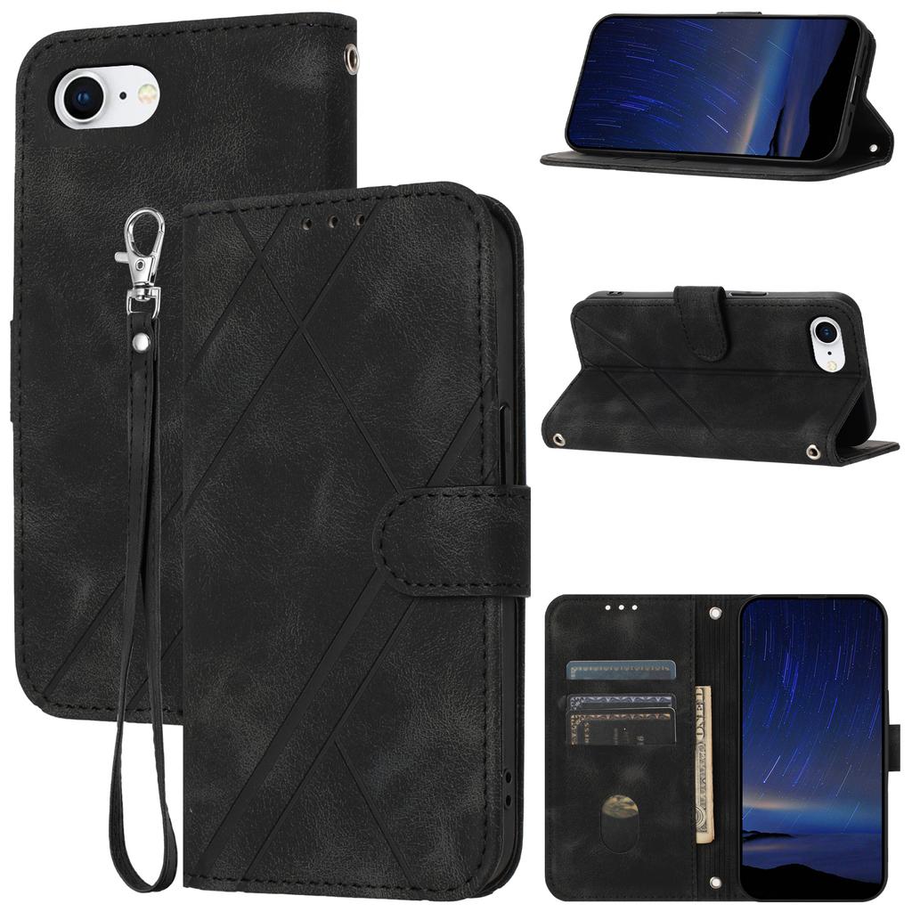 For iPhone 16e Case Imprinted Line Leather Phone Cover with Handy Strap