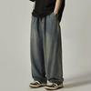 Calça jeans masculina com cintura elástica e cordão, perna larga, estilo de rua, drapeado, design desgastado, calça jeans