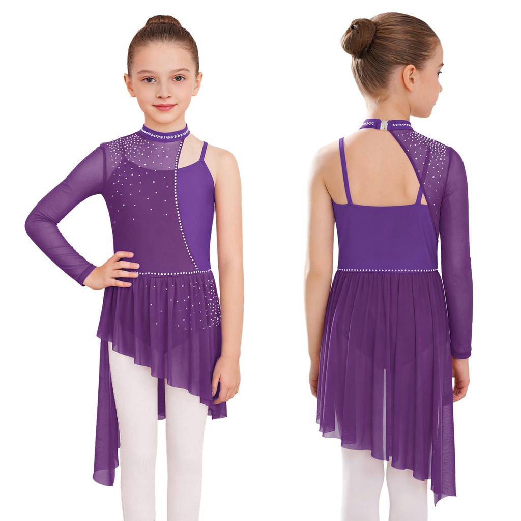 Children’s Dance Dress One Shoulder Long Sleeve Mesh Patchwork Spaghetti Straps Irregular Hem Asymmetrical Style for Lyrical Routine