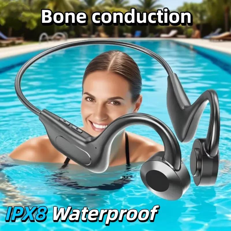Wireless Bone Conduction Headphones IPX8 Waterproof Bluetooth 5.4 Sports Earphones with TF Card Slot for Swimming Running