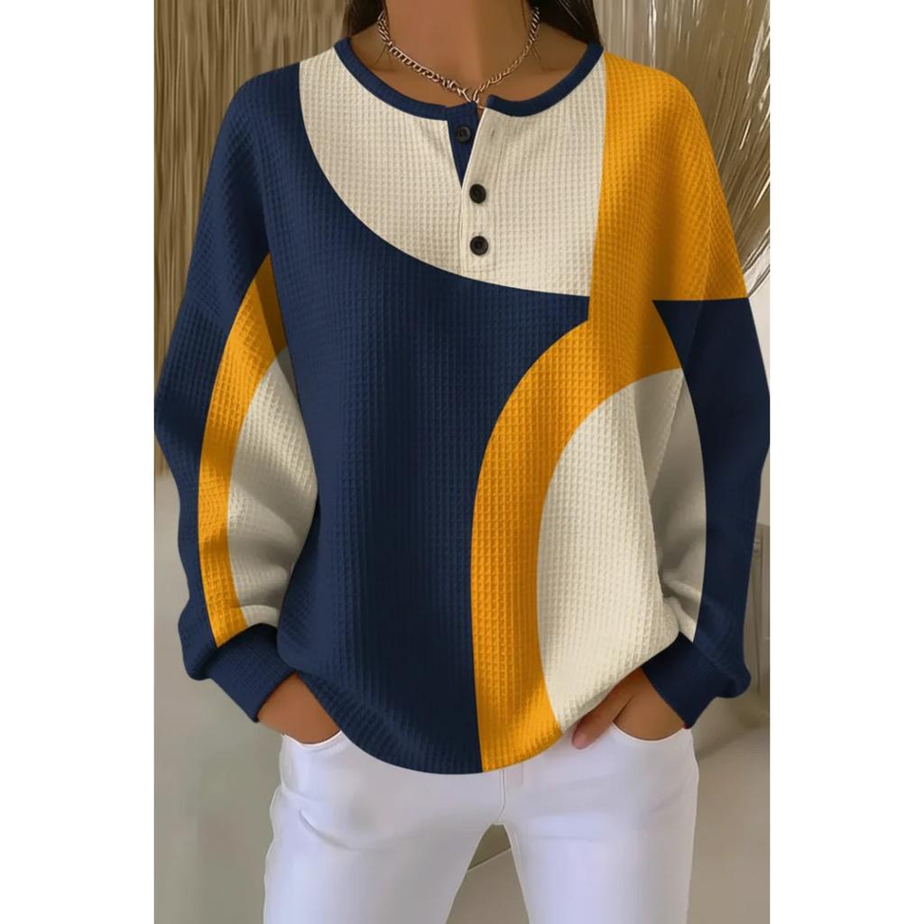 Women's Crew Neck Long Sleeve Waffle Knit Henley Top Loose Fit Casual Sweatshirt
