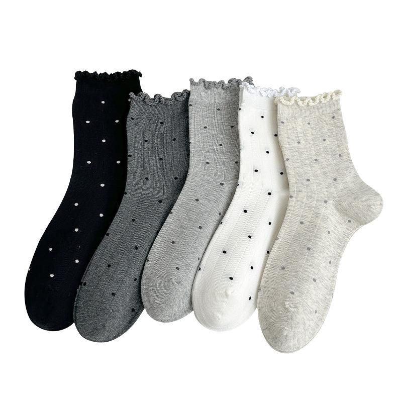 Black Fungus Polka Dot Mid-calf Socks for Women, Cotton Socks for Autumn and Winter, Boneless Pile Socks for Trendy Ladies