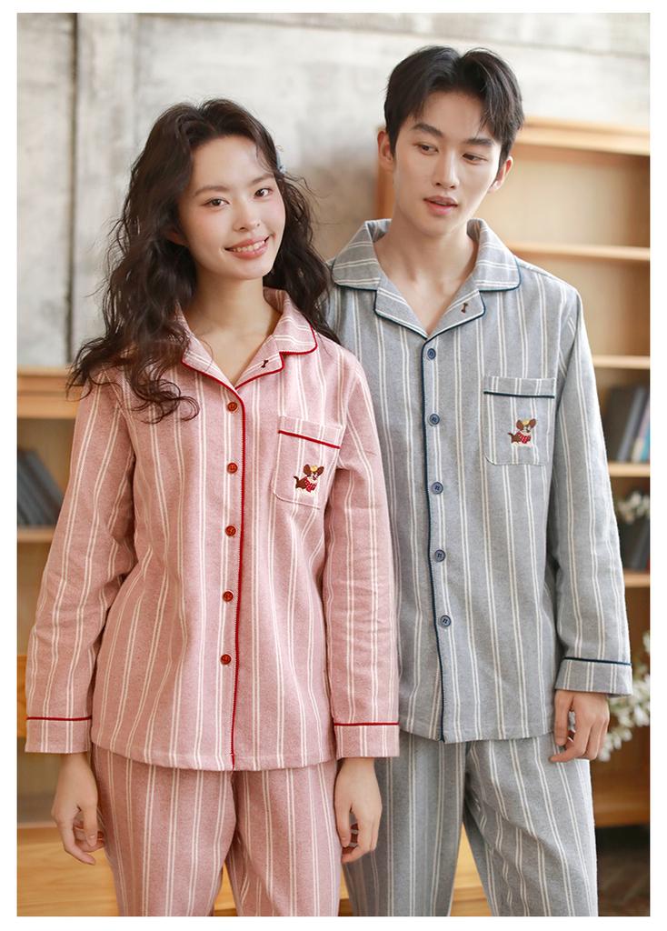 Couple's Sleepwear Autumn Long-Sleeved Set with Simple Stripes