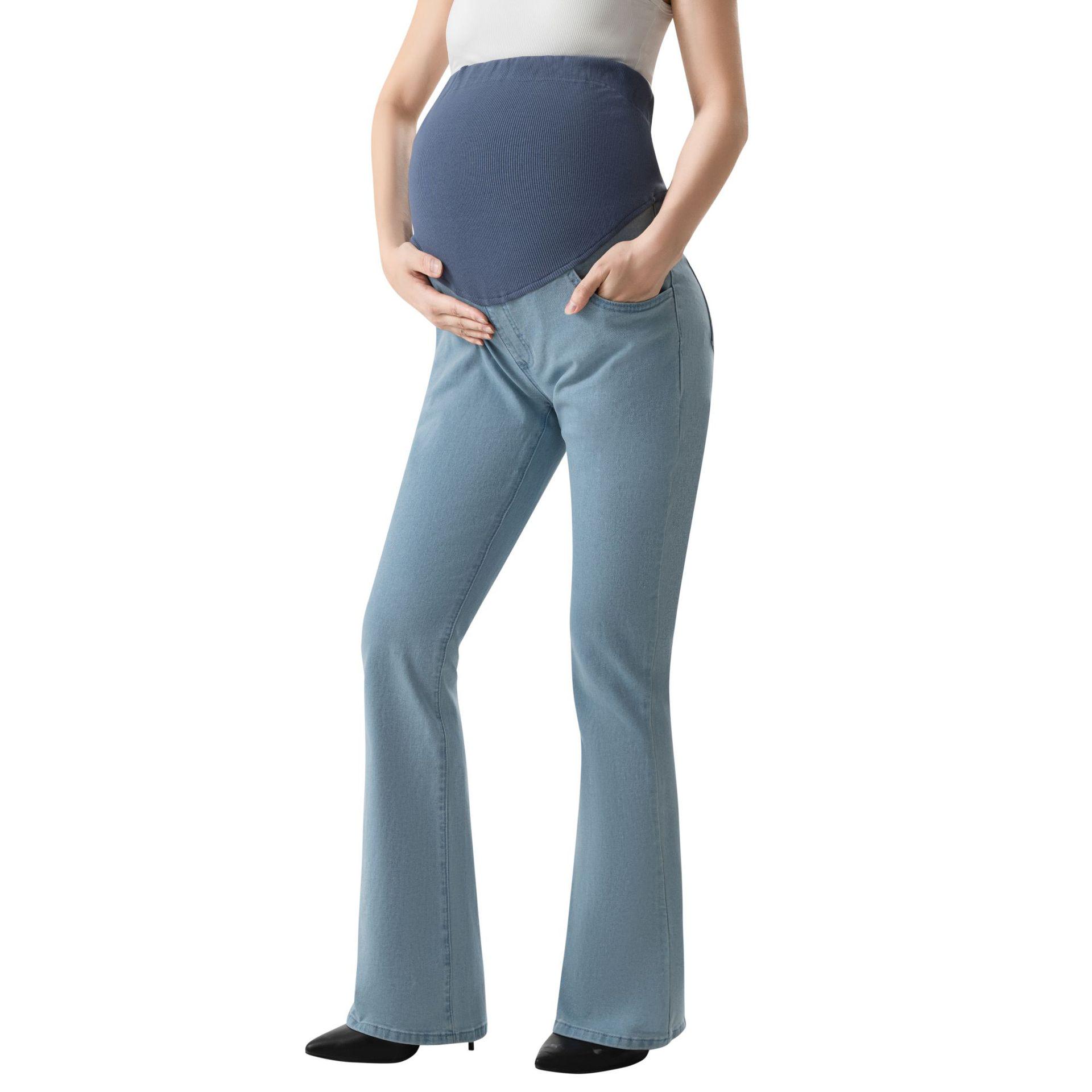 

Расклешенные стрейчевые джинсы для беременных с карманами на животе Large светло-синий