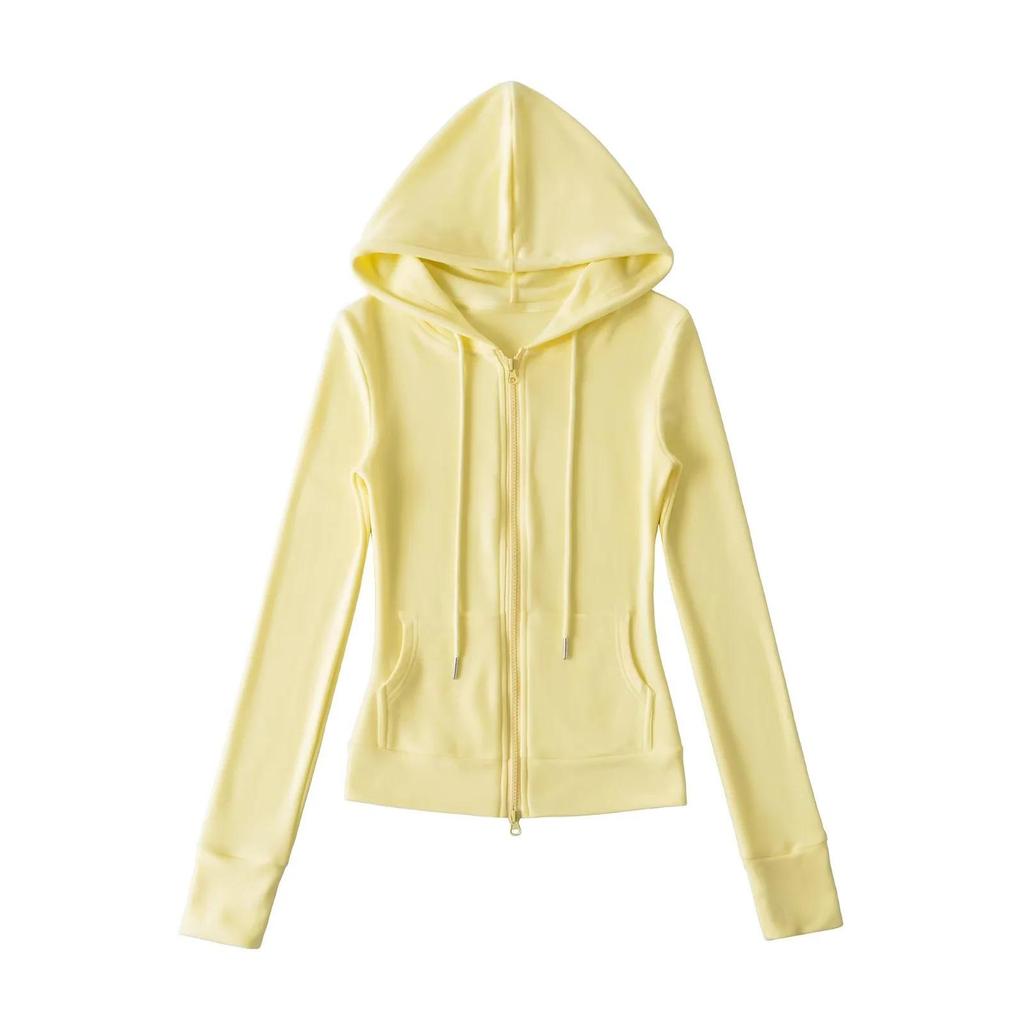 Women's American Style Thermal Fleece Slim Fit Hooded Yoga Sweatshirt with Double Zippers & Large Pockets for Autumn/Winter.
