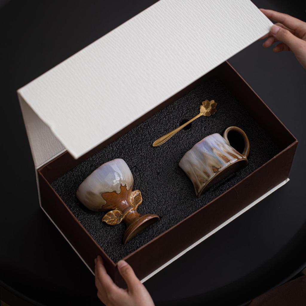 French Retro Ceramic Coffee Cup and Saucer Set with Ice Cream Bowl and Creative Leaf Design