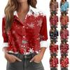 Skjortebluse for kvinner Juletrykkknapp Langermet Casual Basic skjortekrage Vanlig topp