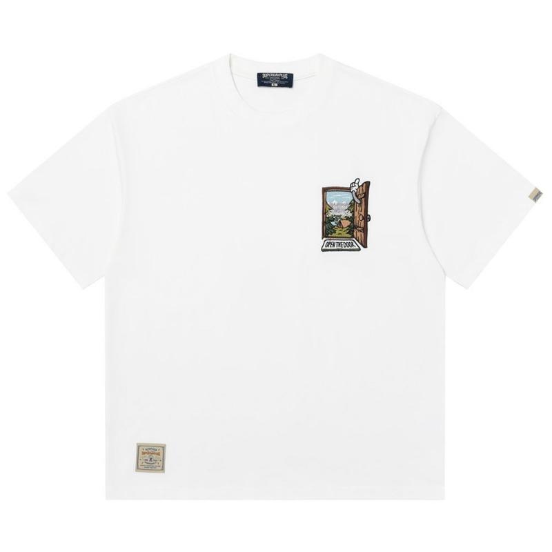 Herren Schwarzes Kurzarm-Rundhals-T-Shirt Mit Cartoon-Tür-Grafikdruck Für Lässige Streetwear-Mode