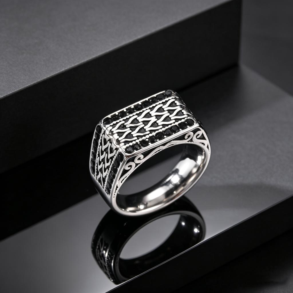 Unique Geometric Patterned Stainless Steel Ring Inlaid Black Zircon Chunky Rings for Men Charm Fashion Finger Jewelry Size 7-12