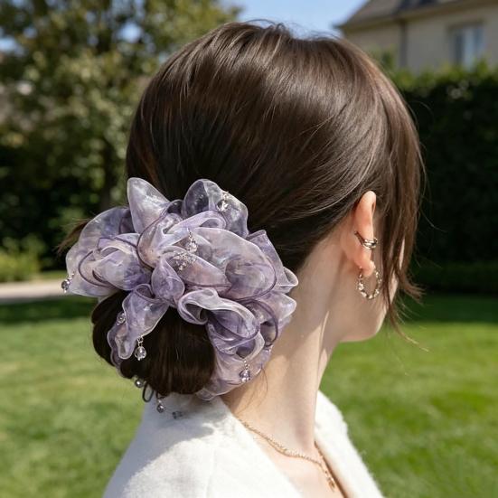 Hair Tie Beads Decor Double Layer Mesh Women Hair Rope Bun Half-Tied Hairstyles Ponytail Holder Hair Accessory