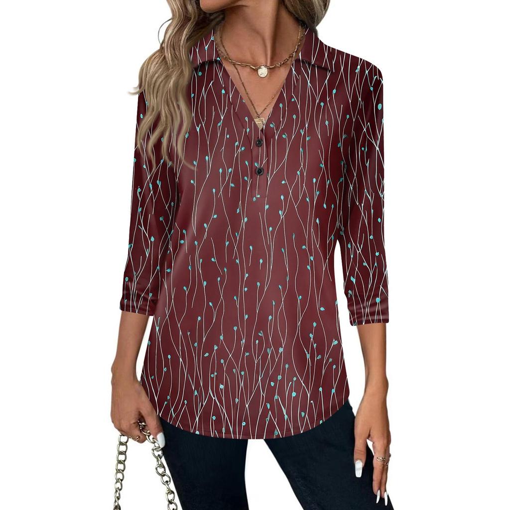 Women's Fashion Casual Lapel Short 3/4 Sleeve Print Shirt Women's V-Neck Button Tops