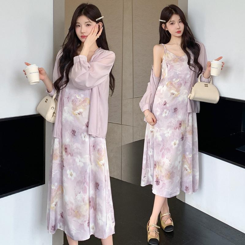 Spring/Summer 2026 Maternity Set: Gentle Purple Floral Strappy Dress with Shirt Cardigan