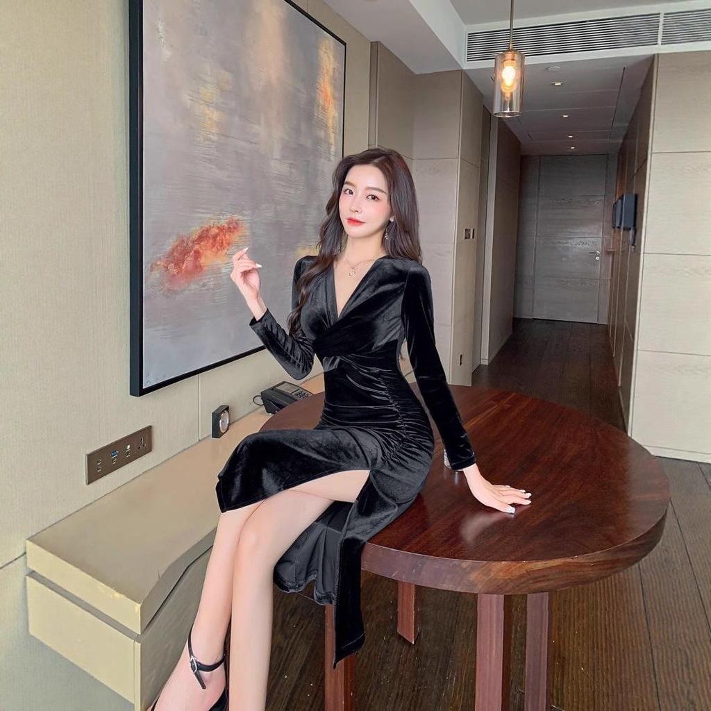 2025 Autumn Elegant Royal Sister High-Slit Bodycon Dress