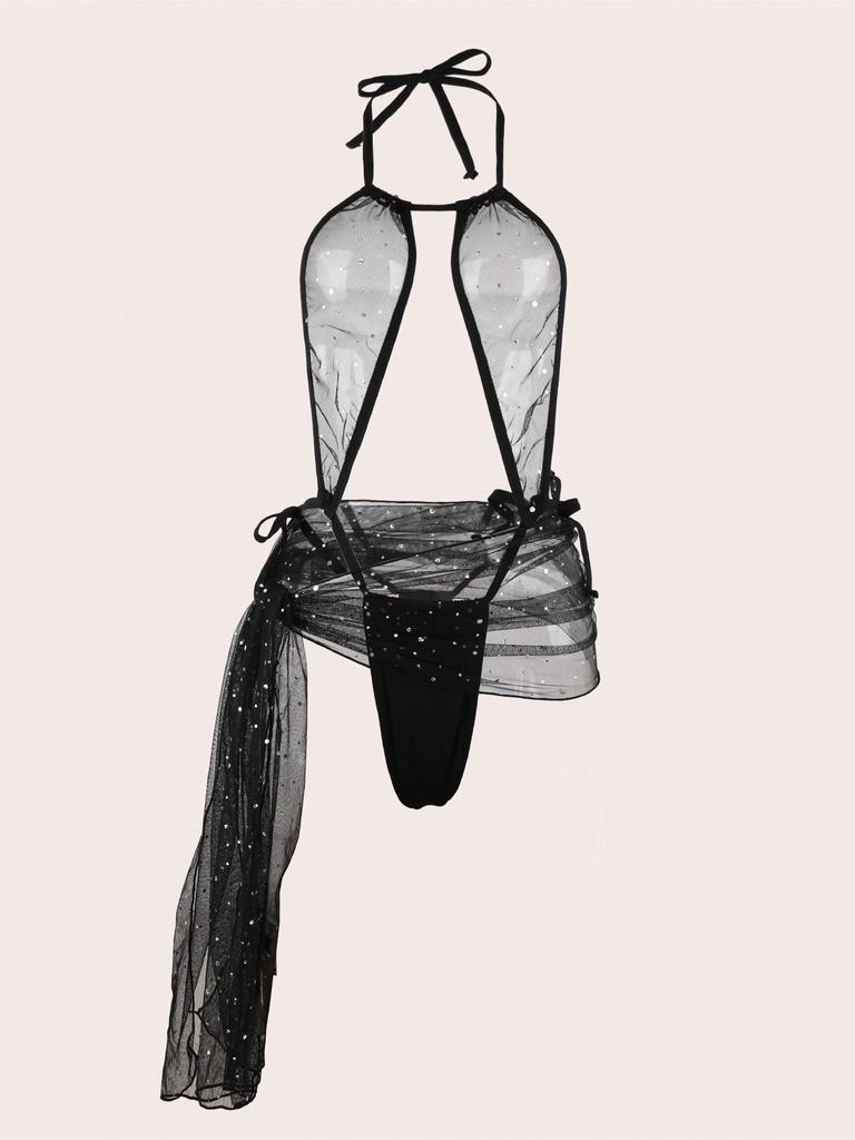 2 Pieces Women's Backless One-Piece Slim-Fit Lace-Up Skirt Mesh See-Through Pure Camisole Underwear Set