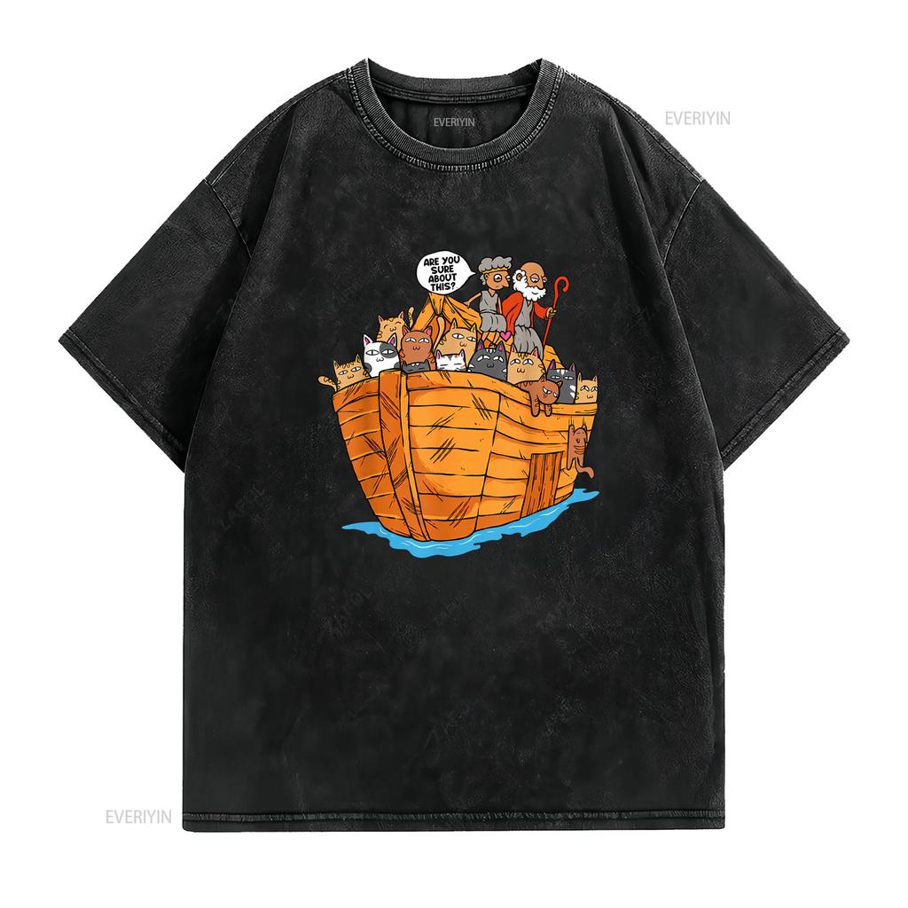 New Limited Noahs Ark Boat With Cats Religious Christian Cat Lover T Shirt Vintage Washed Homme Top For Everyday Wear