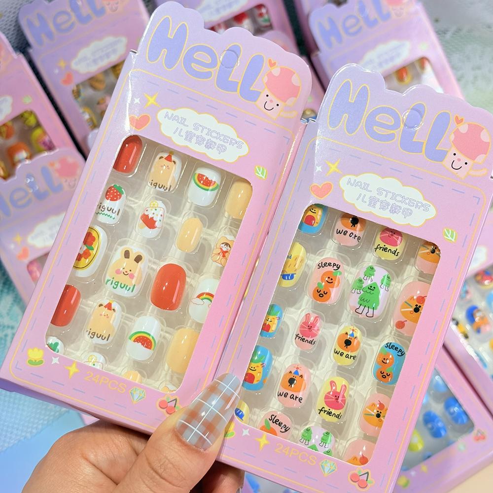 24pcs Kids' Cute Red Cherry/Rabbit/Carrot Press On Nails Cartoon Short Square Fake Nails Reusable Nails Decor with Glue & File
