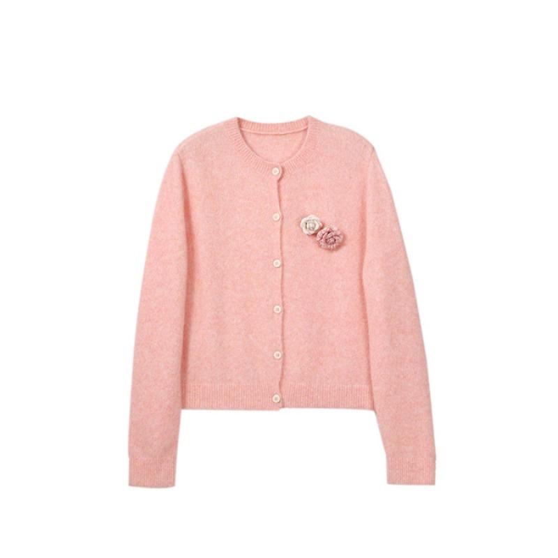 

Temperament gentle crew neck flower cardigan women s white versatile short autumn and winter sweater single-breasted knitted warm jacket one size fits all розовый