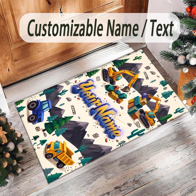 Construction Vehicles Theme Crystal Velvet Rug Personalized Custom Name Text Soft Floor Mat Home Decor