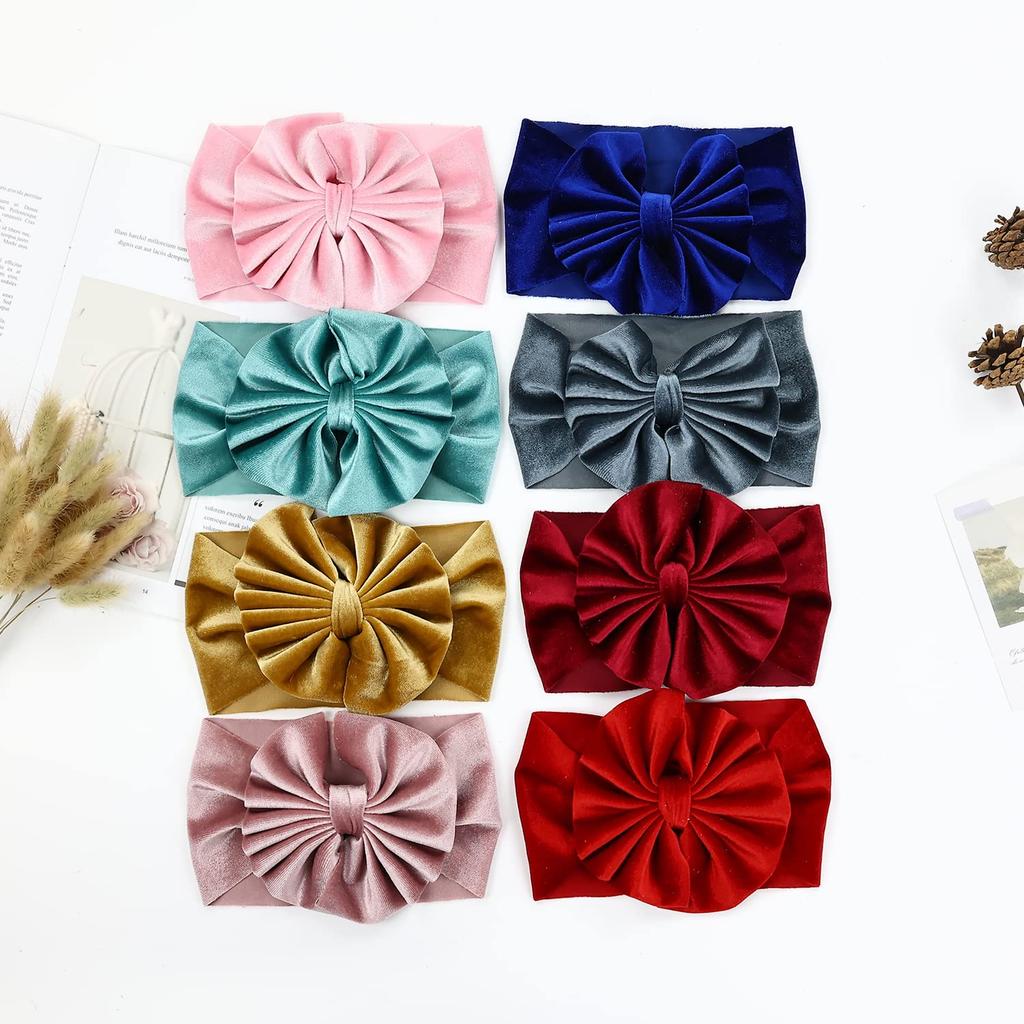 Lawie 8 PACK Elastic Stretchy Elastic Soft Wide Velvet Bowknot Bow Headbands Hairband Knot Turban Headwraps Hair Bows Accessories for Kids Toddler