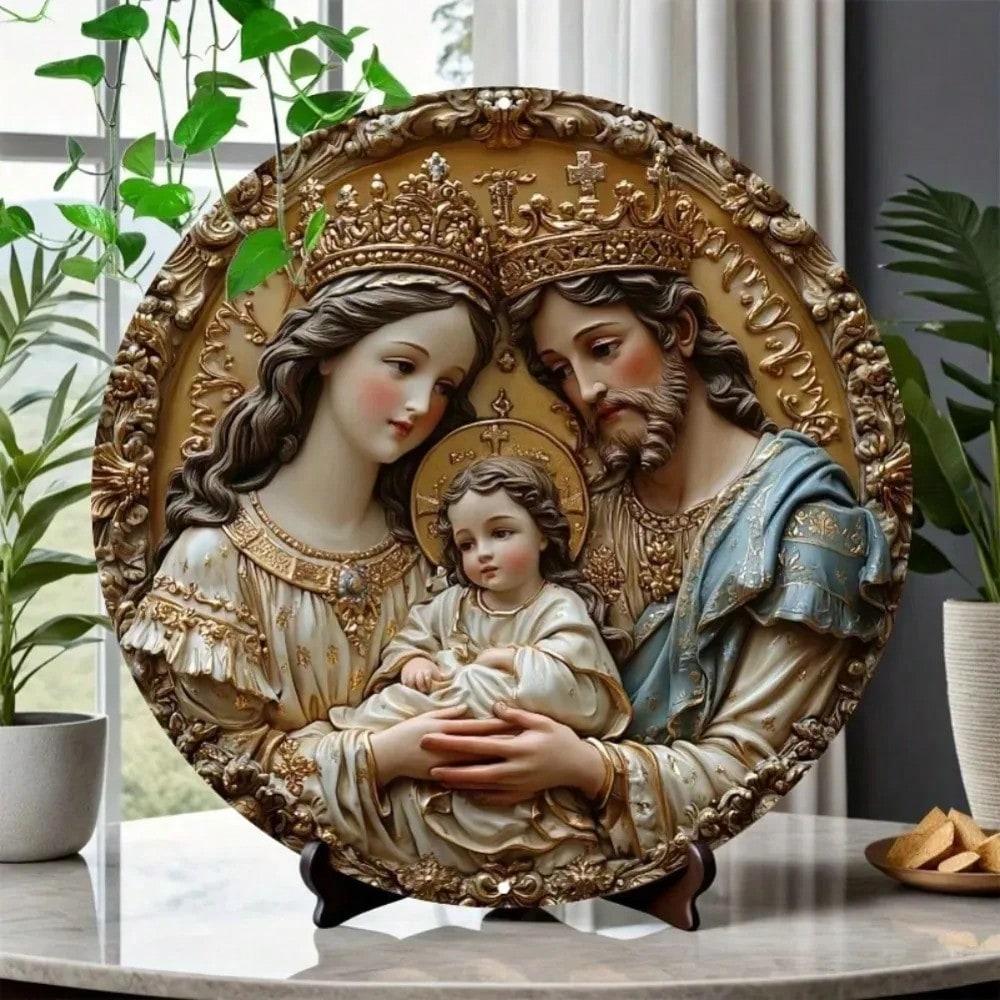 3D Embossed Holy Family Aluminum Sign Round Wall Art For Bathroom Cafe Decor