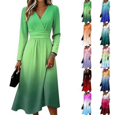 Women's Gradient Print Long Sleeve V-Neck Dress with Pockets Casual Fashionable
