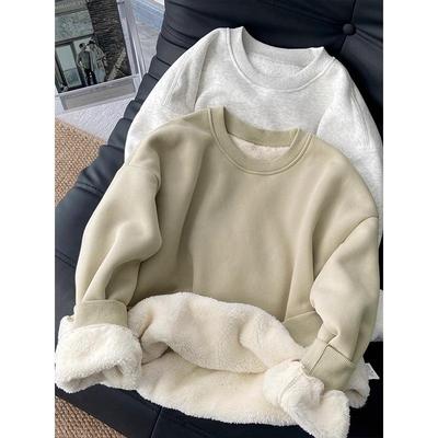 Women’s Plush Lambskin Inner Sweatshirt: Thick, Round Neck Pullover for Spring and Autumn.