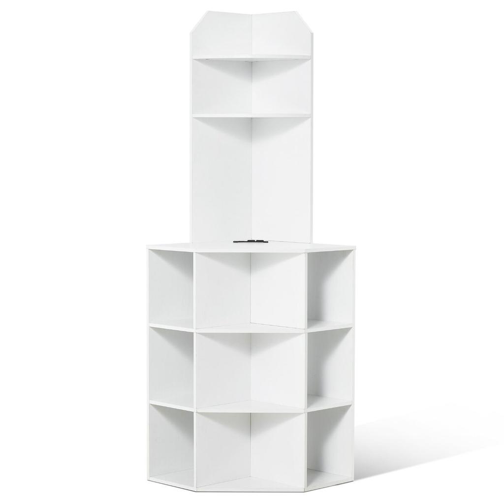 64" Corner Storage Cabinet with Charging Station Adjustable Shelves White