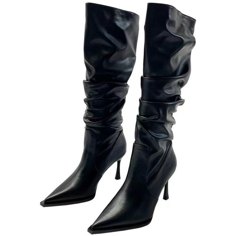 Women's Pointed Toe Pleated Knee-High Boots Winter Off White Black High Cylinder Piled Boots Thin Heels Fashion Women Shoes