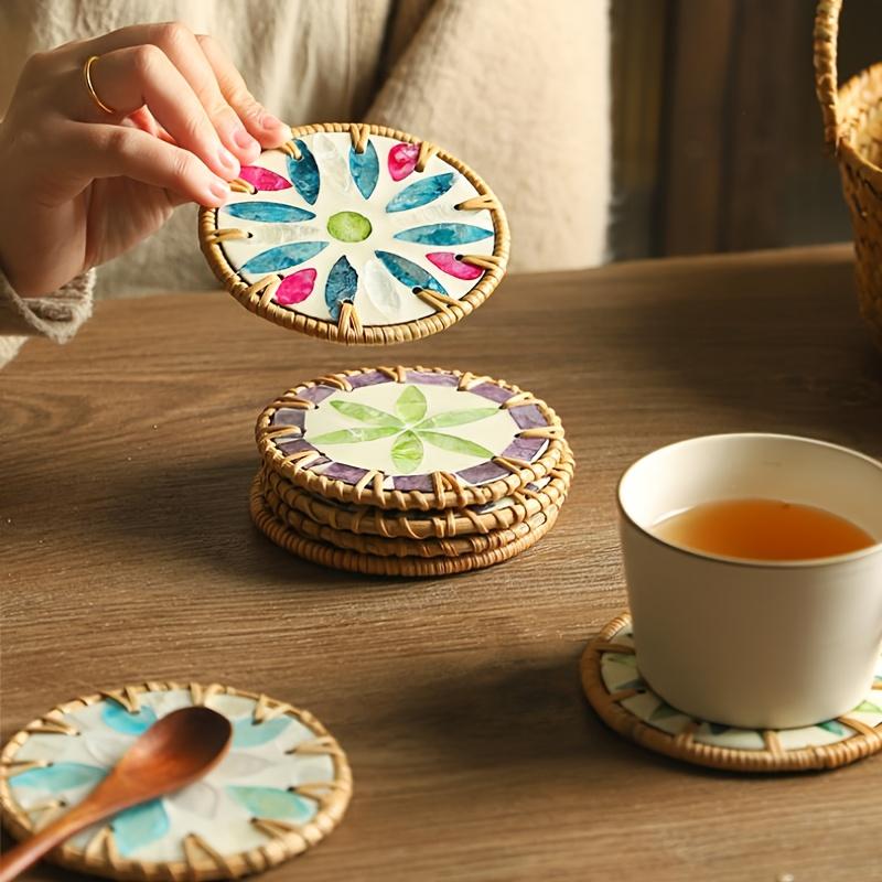 Handwoven Rattan Coasters Colorful Nordic Southeast Asian Shell Heat Resistant Table Mats
