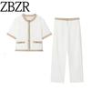 Zbzr Autumn New Women Clothes Western Style Contrast Color Trim Short Sleeve Blazers Mid Waist Trousers 3597696