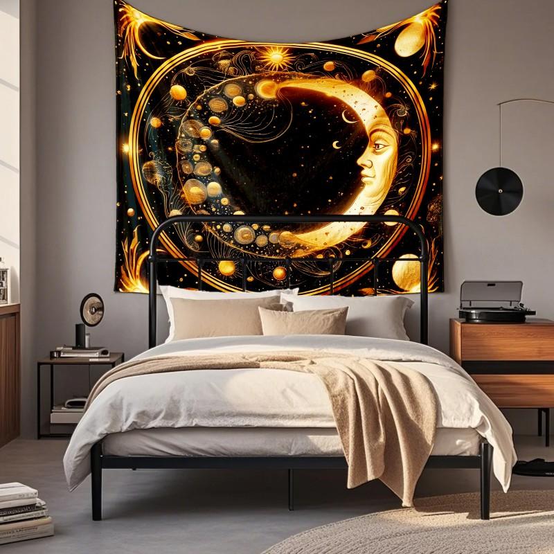 Boho Chic Wall Tapestry With Moon Phase Floral Starry Sky Design Bedroom Yoga Studio Decor