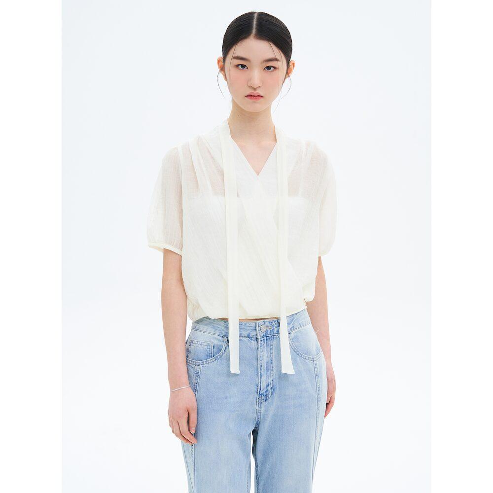 8Seconds Crinkle Tie Short Sleeve Blouse Ivory Ivory/S