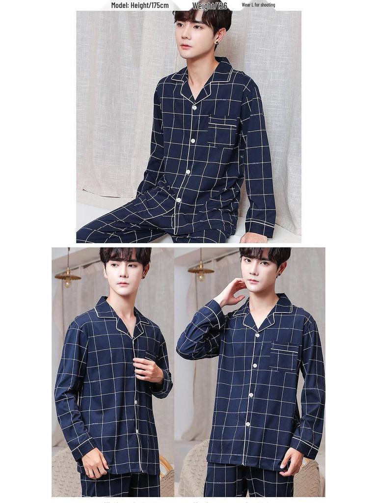 Men's 100% Cotton Long Sleeve and Pants Pajama Set - Plus Size, Spring/Autumn, Loose Fit, Two-Piece Home Wear