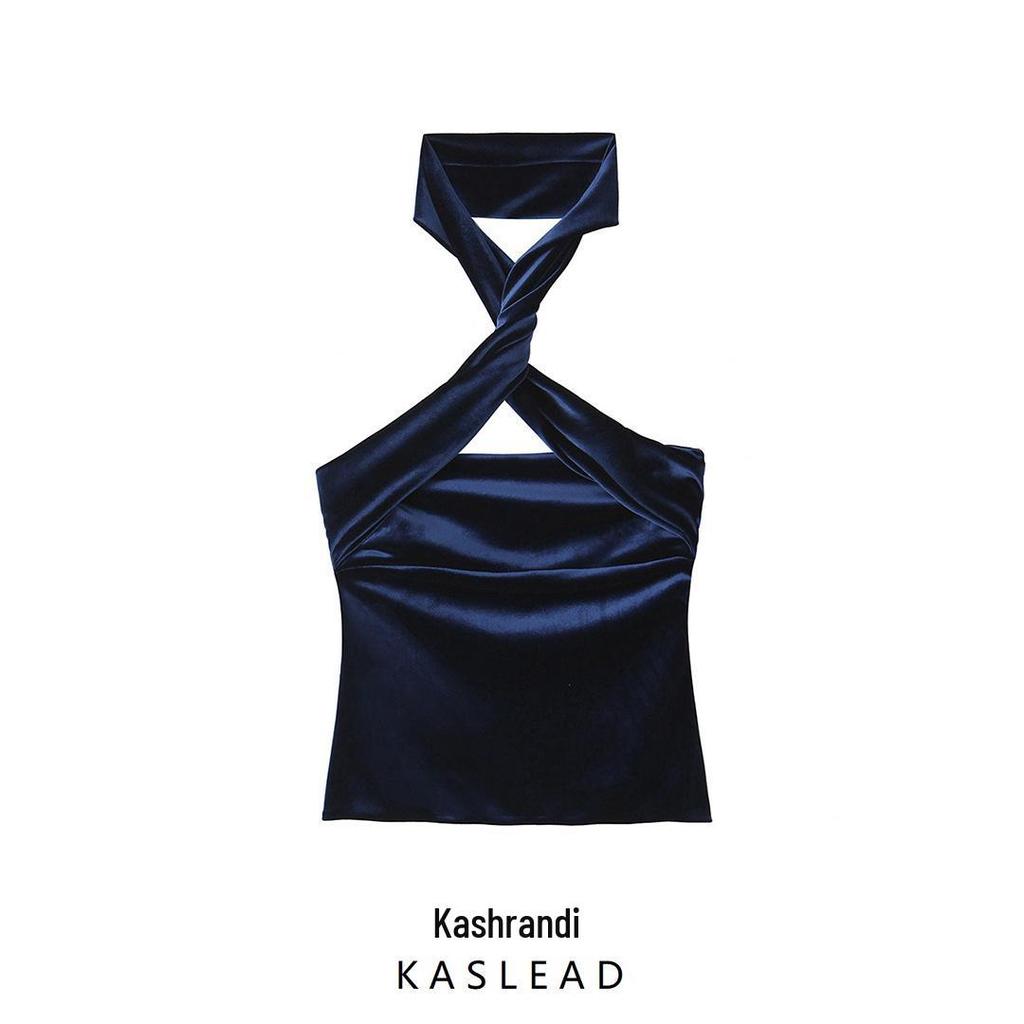 2024 Autumn Women's European & American Style Velvet Sleeveless Halter Top 9511072