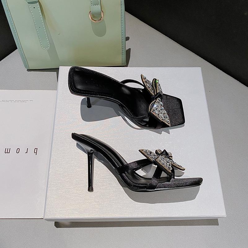 

Новые туфли-шлепанцы с квадратным носком и открытым носком, на среднем высоком каблуке-шпильке, из атласа, с сандалиями для женщин 40