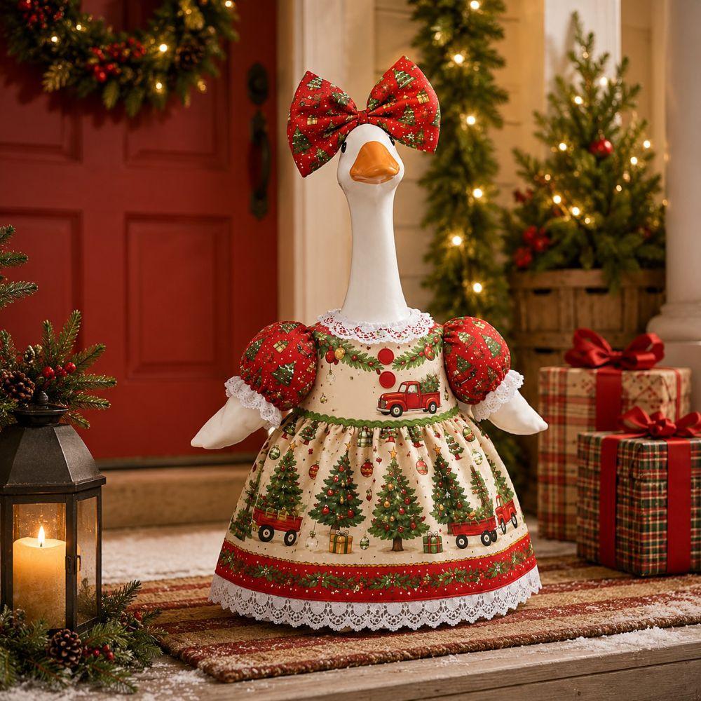 Red Bow Porch Goose Statue Red Truck Print Holiday Decor Ornament Front Door Decor