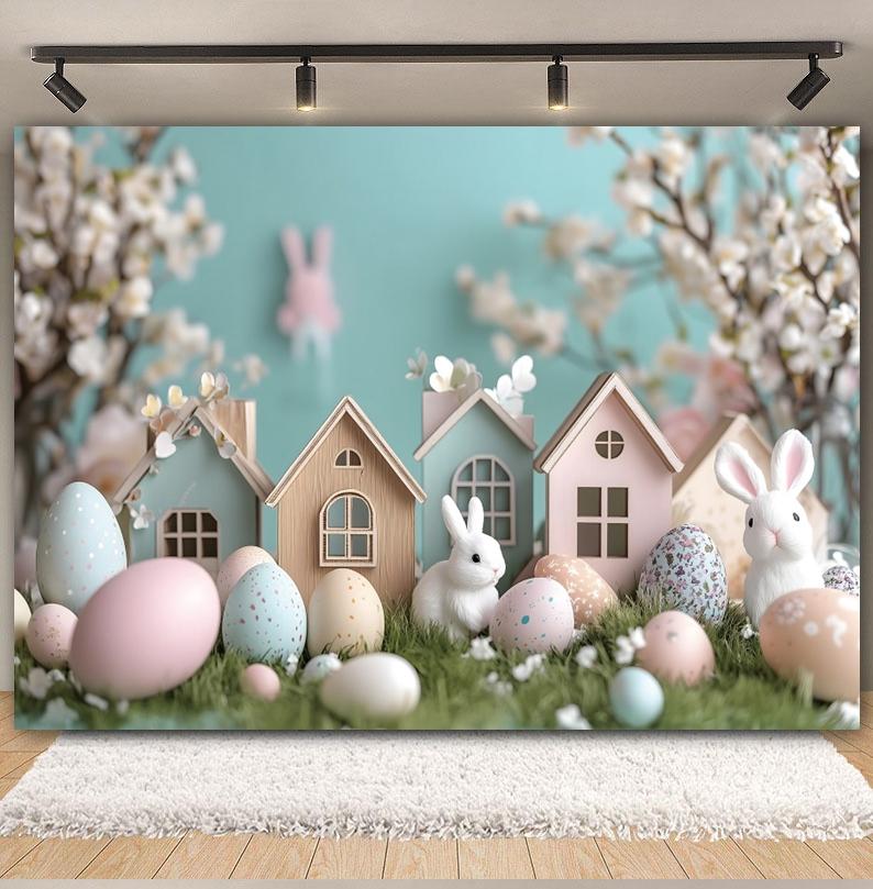 Spring Easter Cottage Colorful Egg Rabbit Photography Background Flower and Tree House Children's Birthday Decoration Backdrop