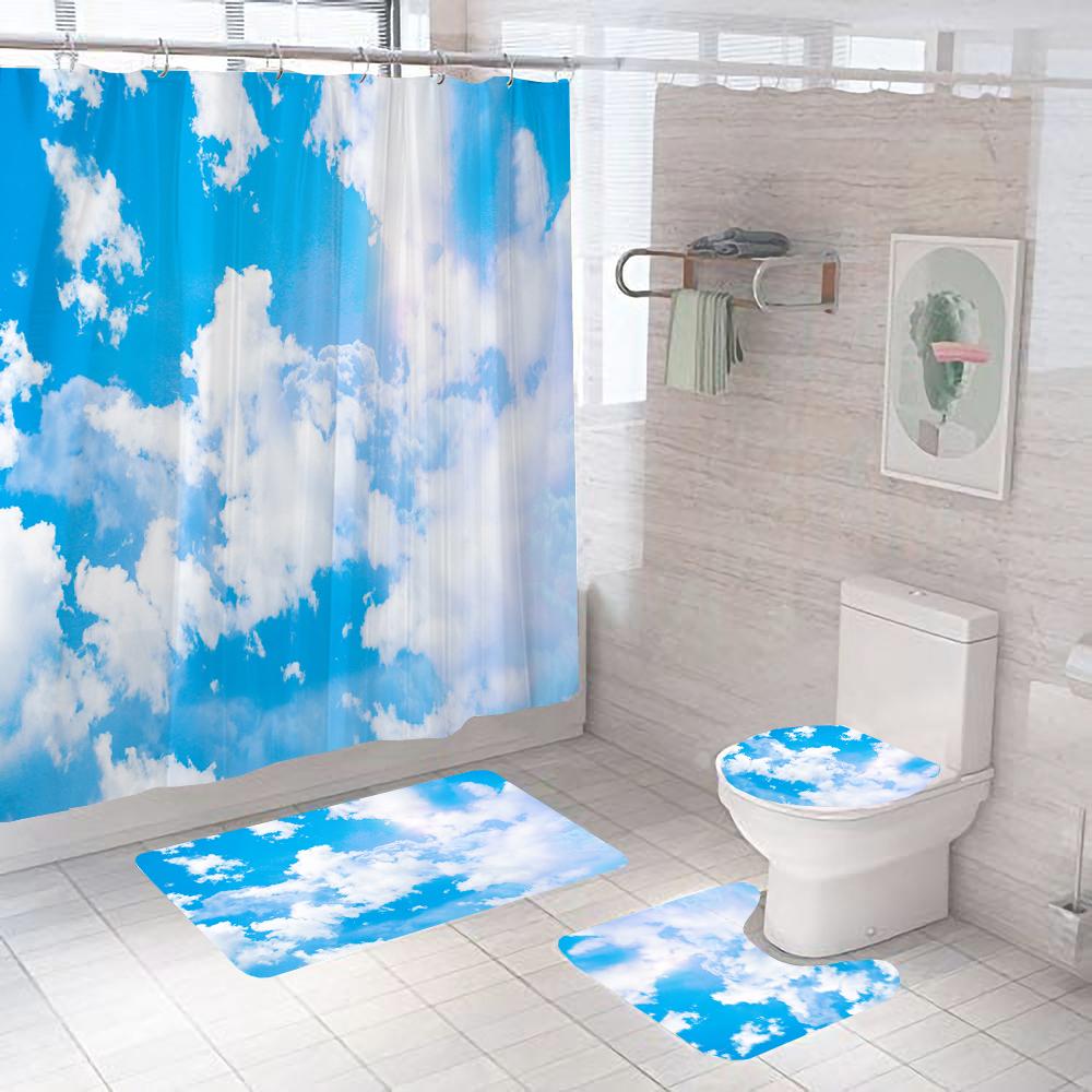 Sonniger Blauer Himmel Wolken Landschaft Duschvorhang-Sets Rutschfeste Teppiche Badvorleger Toilettendeckelbezug Wasserdicht Polyester Badezimmerdekoration