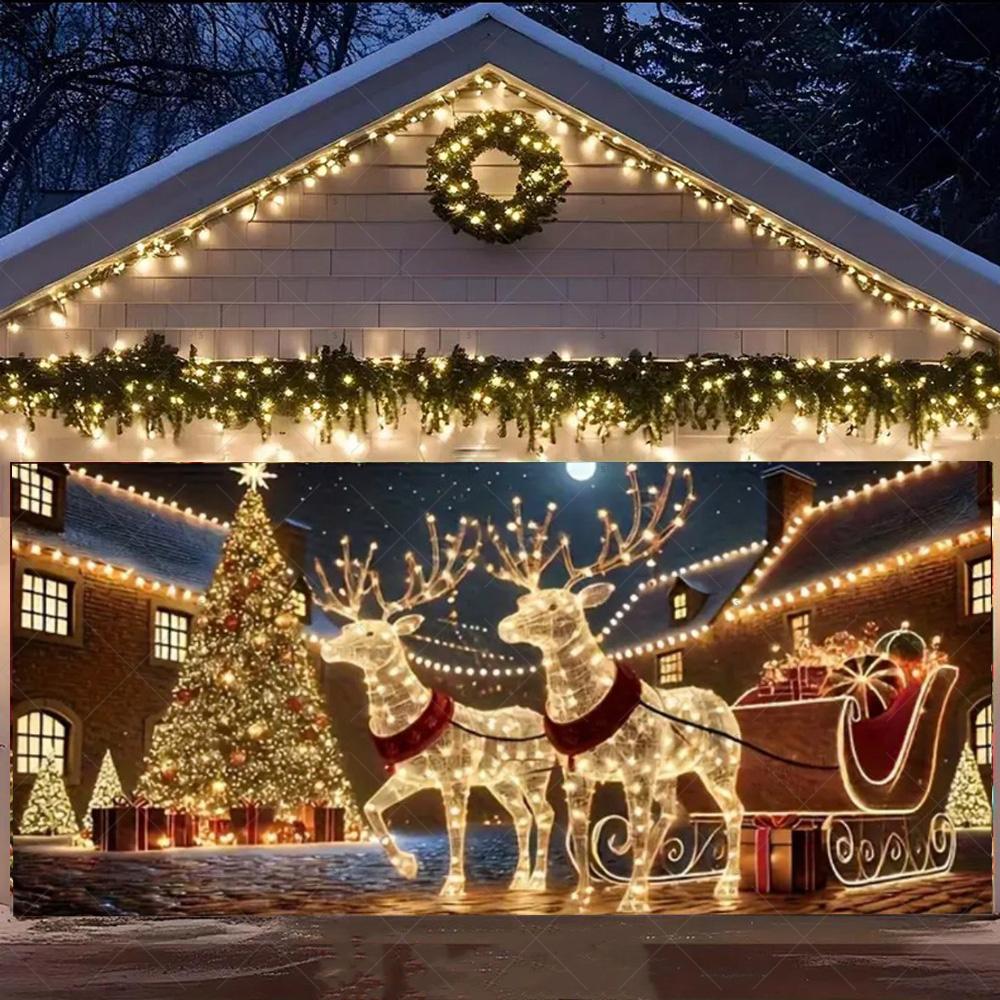 Merry Christmas Garage Door Background Banner Xmas Tree Gift Santa Claus Backdrop Winter Christmas Party Outdoor Wall Decoration