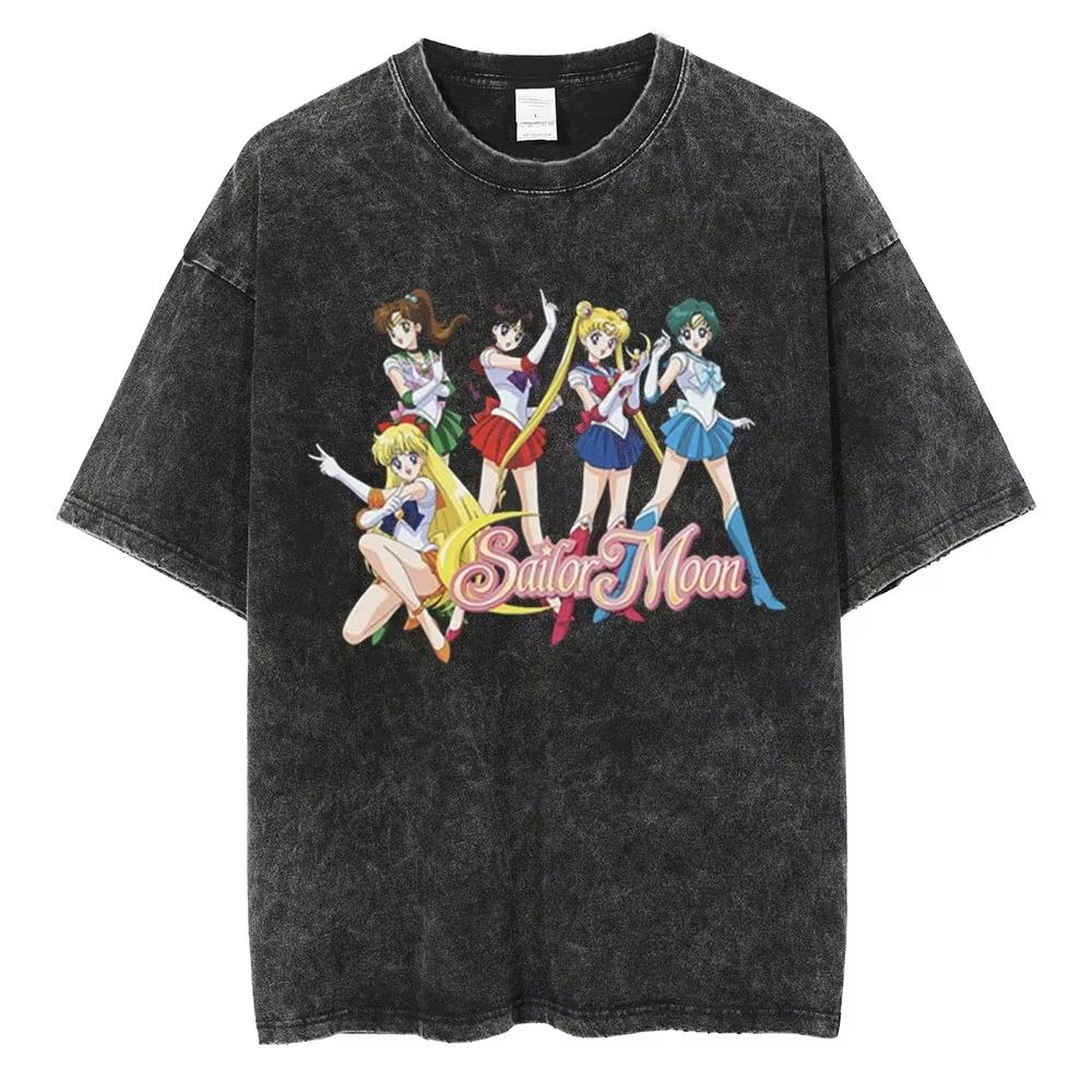 MINISO Maglietta Lavata Stampata Anime Sailor Moon Estate Nuova Cotone Uomo e Donna Larga Casual Retro Trendy Manica Corta Top