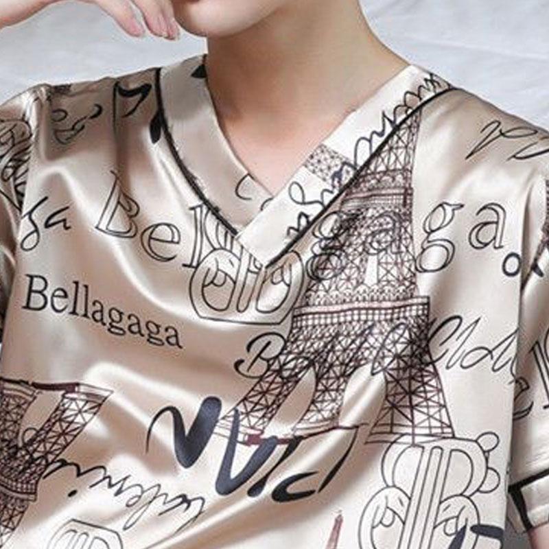 Large Size Men Homewear Ice Silk Short-Sleeved Shorts Student Pajamas Korean Version with Letters Loose Short-Sleeved Two-Pi