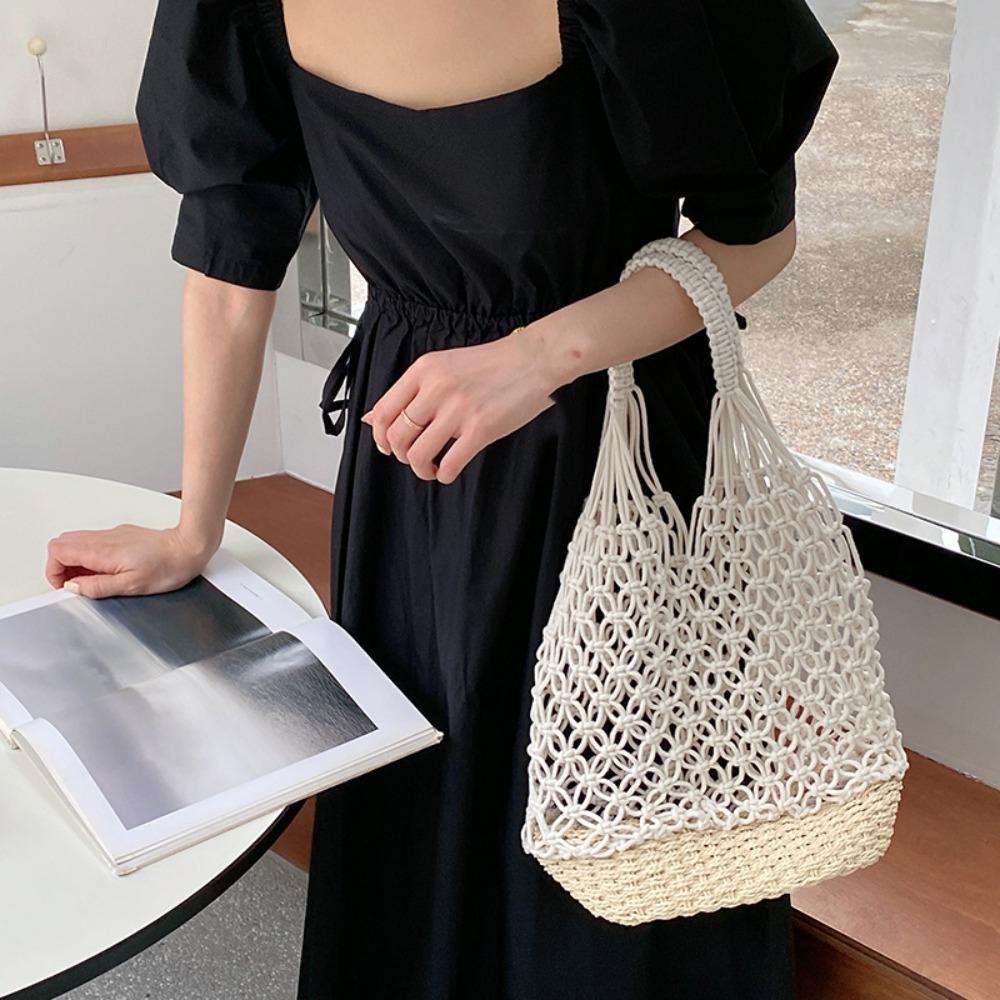 

Cotton Rope Weave Handbag Bohemian Beach Bag Summer Hollowed Out Bag Travel белый
