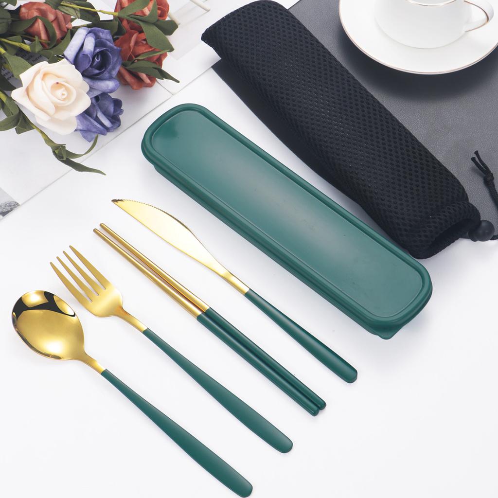 4pc Stainless steel tableware knife and fork spoon chopsticks tableware suit students go to school the portable suit